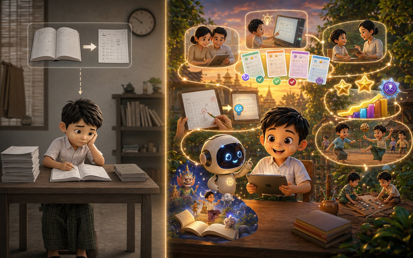 A child struggling alone with a static workbook, versus a child learning happily with Phoenix AI's tutor, family, and games