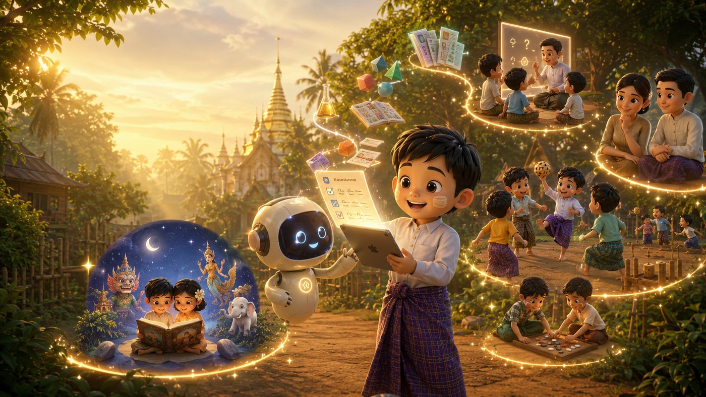 A child learning with Phoenix AI's tutor, surrounded by worksheets, games, stories, and family