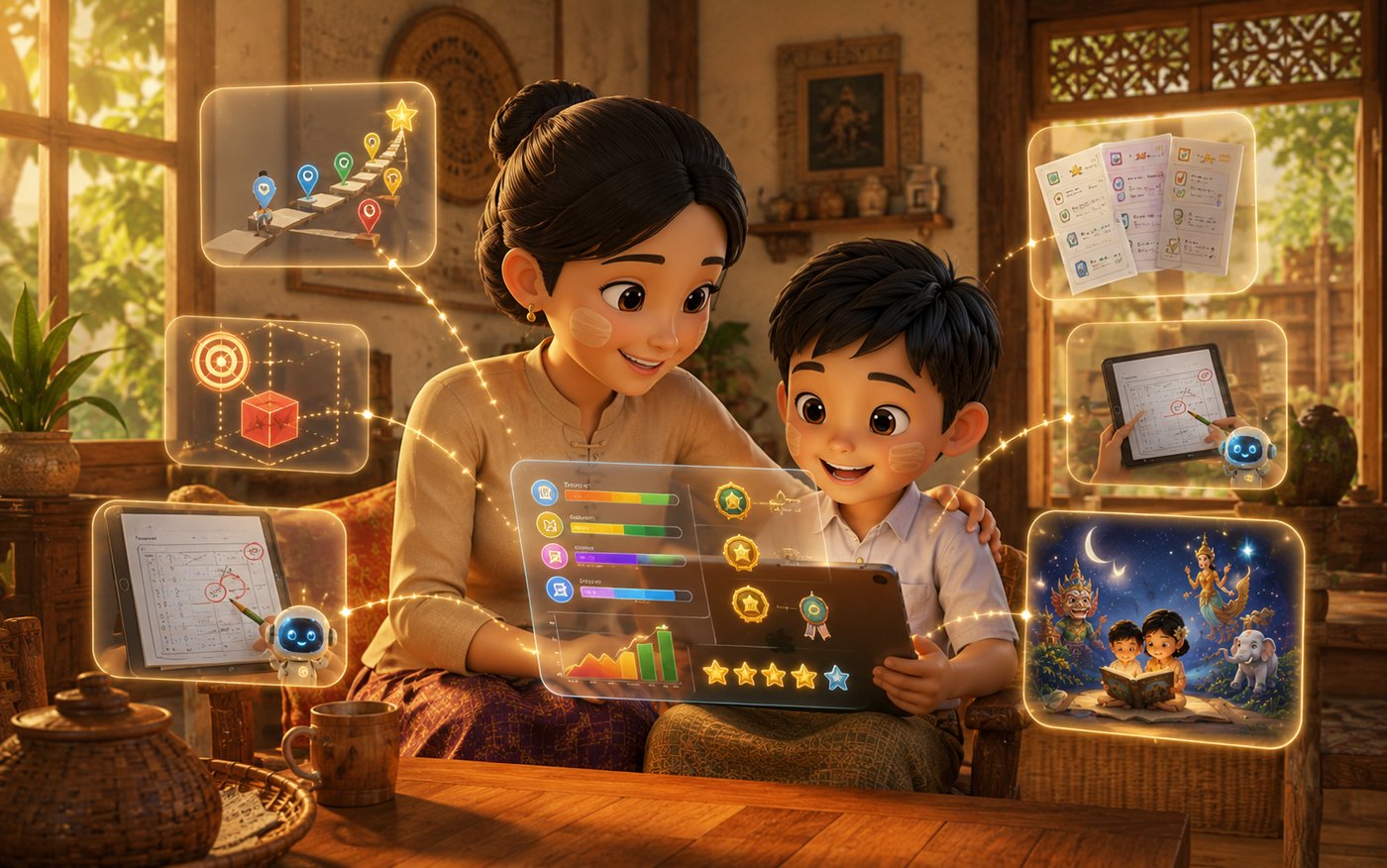 A parent and child reviewing progress, worksheets, and homework help together on a tablet