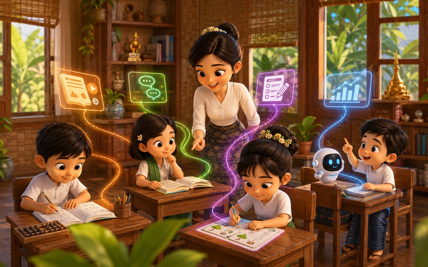A teacher guiding students through lessons, Q&A, worksheets, and progress tracking with AI